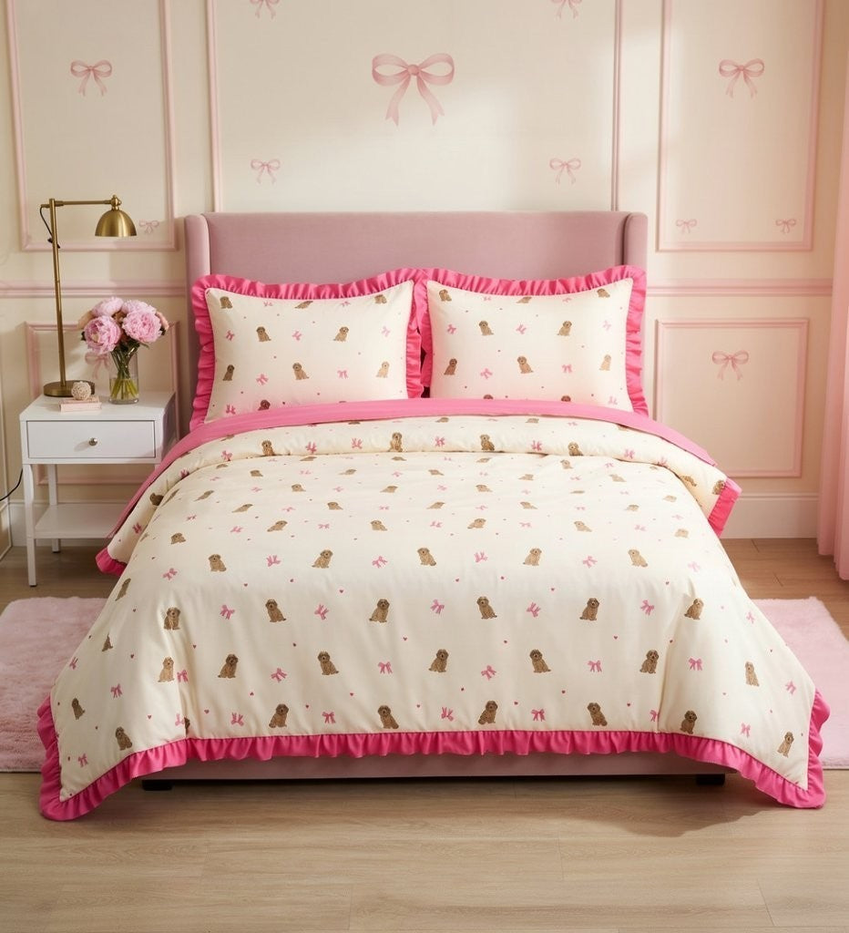 Strawberry print duvet cover with pink scalloped ruffle edge on a styled bed