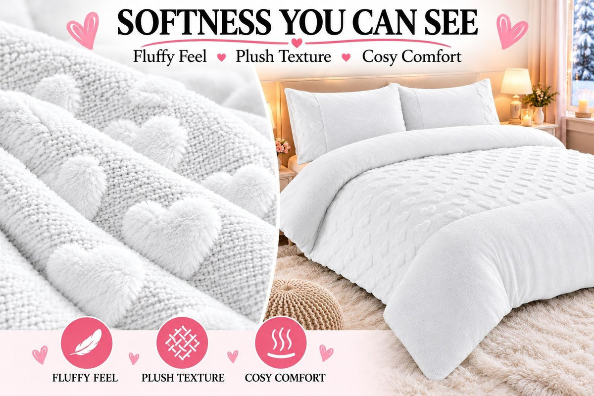 Guest room bed made up with white heart teddy fleece bedding