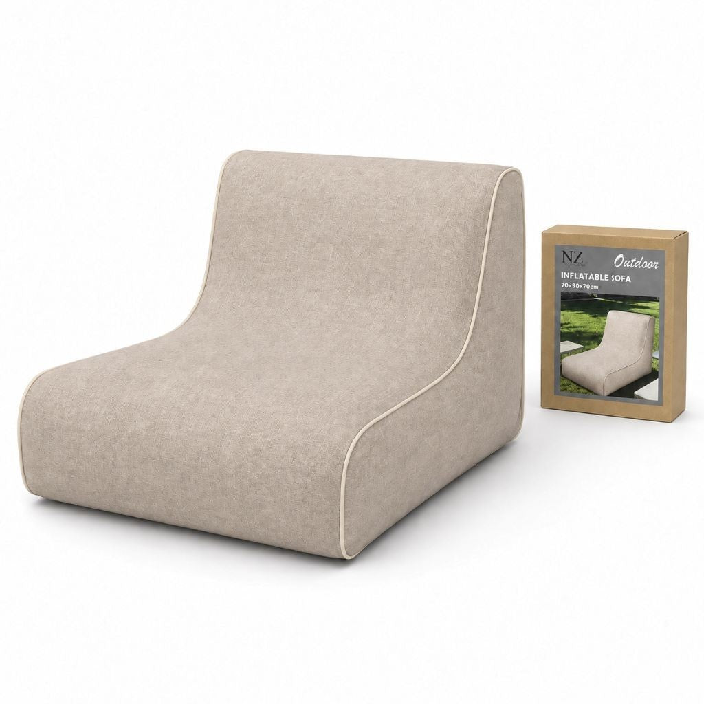 Portable inflatable sofa chair styled on a patio for outdoor lounging