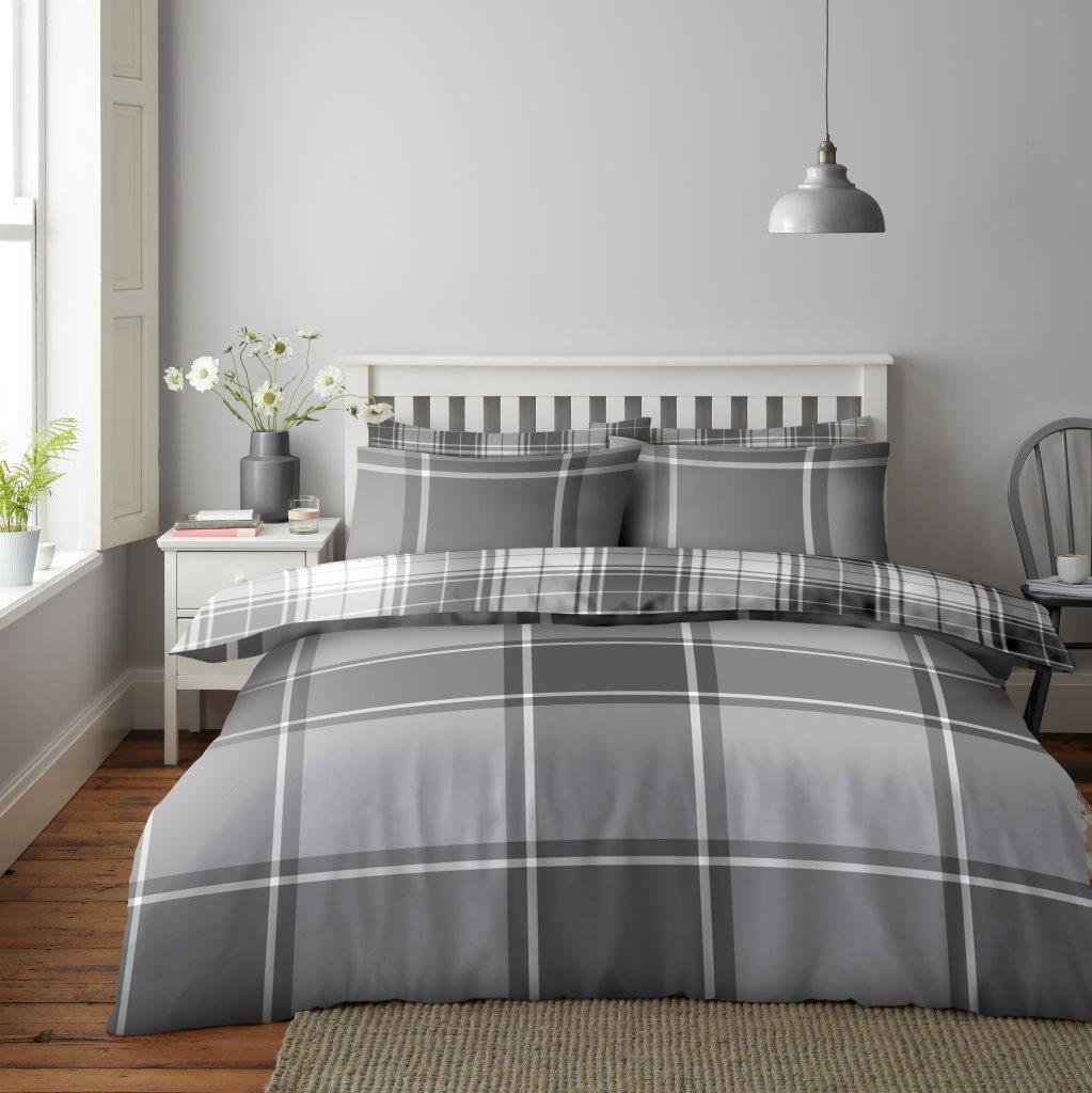 Wimborne Check Duvet Cover Printed Stripes Quilt Reversible Tartan Bedding Sets