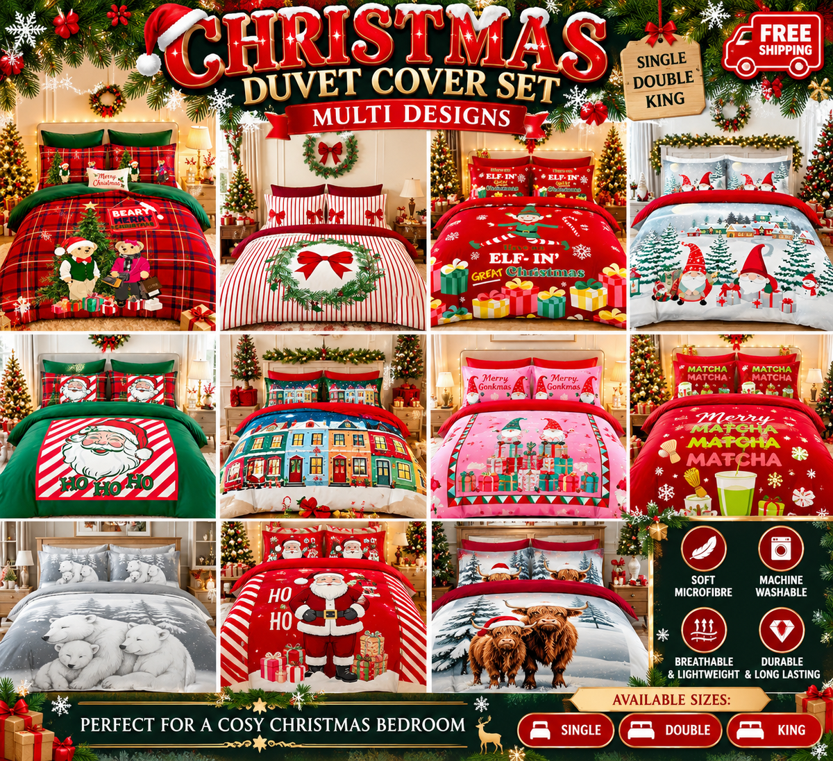 Nimora Home Christmas duvet cover set collection in 12 festive microfibre designs