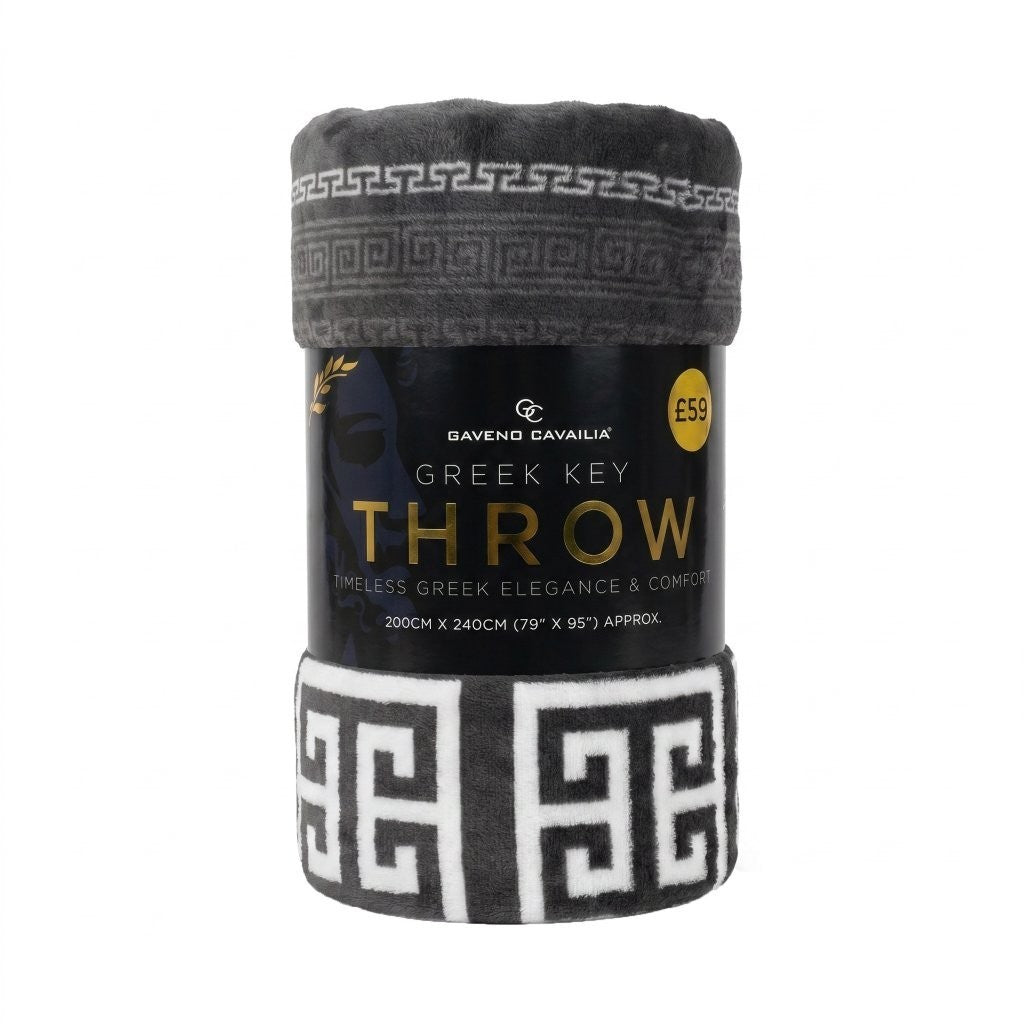 Colour range of Greek key fleece throws shown together