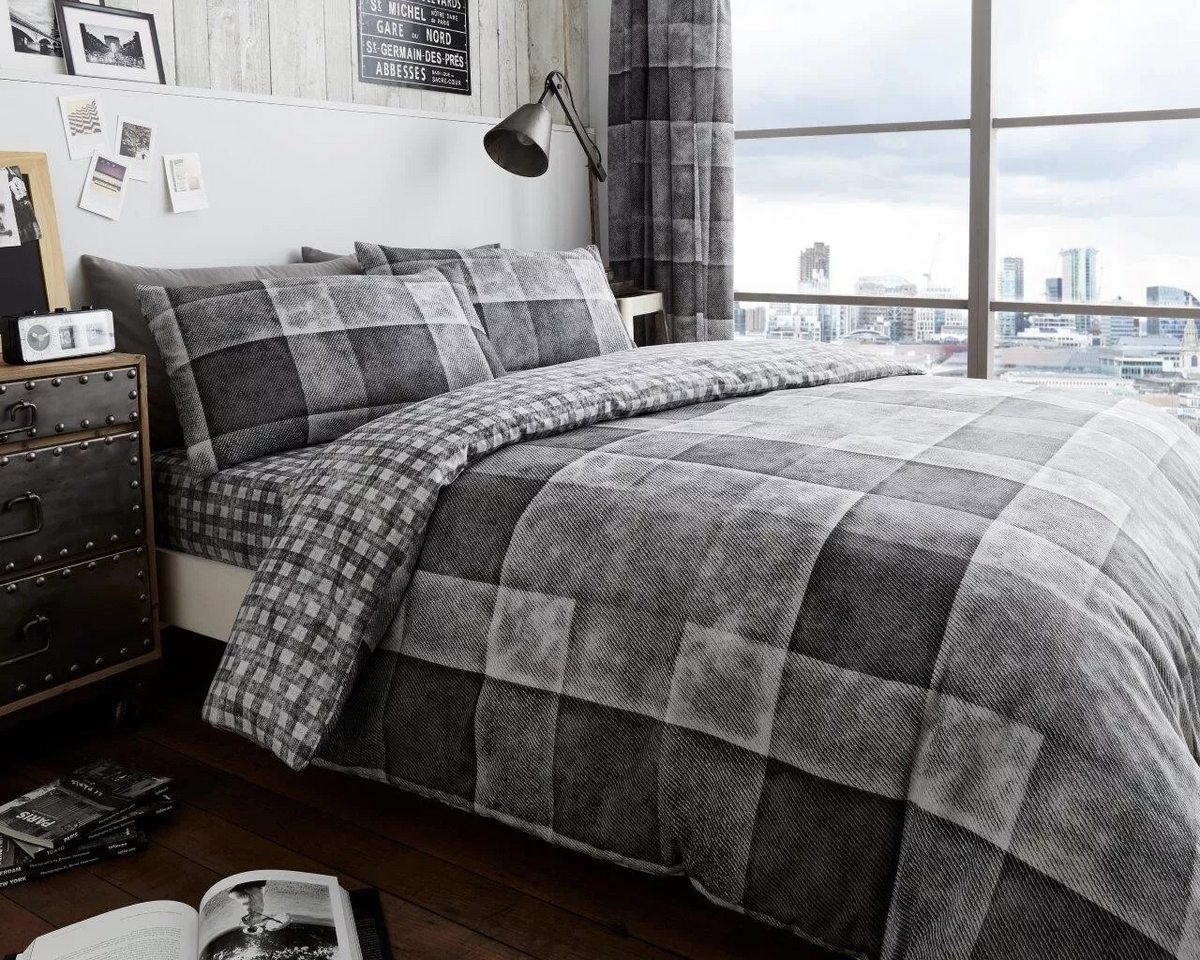 Denim Check Duvet Cover Set Soft Easy Care Bed Linen All Sizes in DENIM CHECK GREY / Single – UK