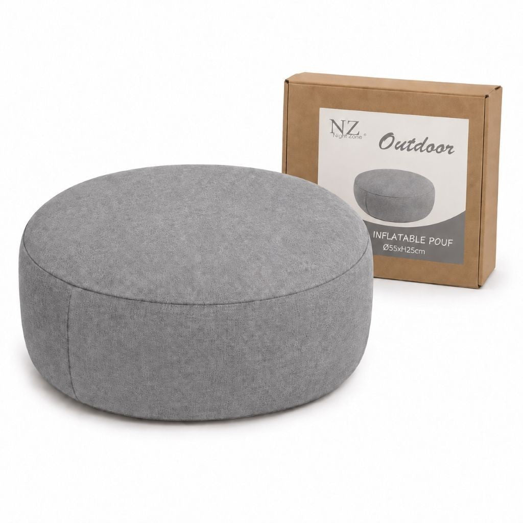 Grey square inflatable pouf used as extra seating indoors