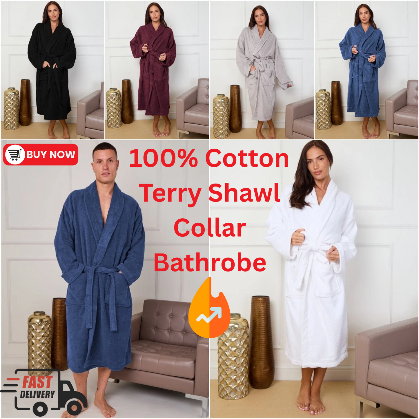 Unisex Terry Towelling 100% Cotton Shawl Collar Bathrobes Dressing Gown Robes