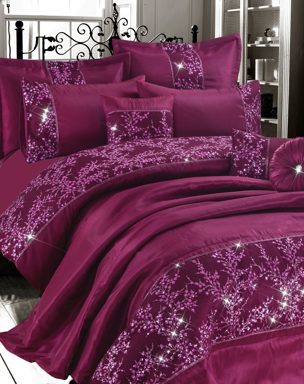 Gigi Embroidered Satin Silk Bedspread Luxury Diamante Duvet Quilt Bed Set in Aubergine / Plum / Single – UK