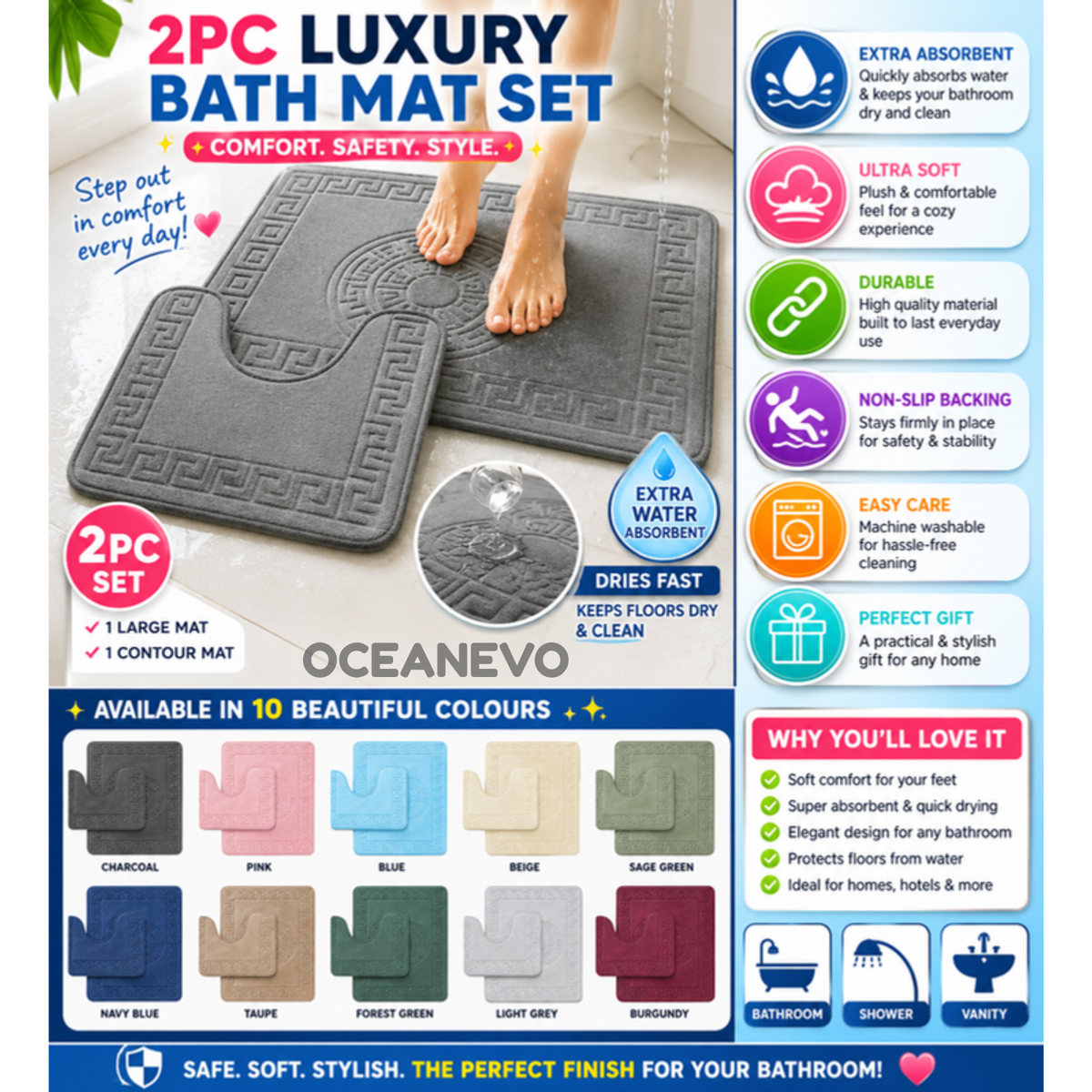 Greek Circle Style Bath Mat & Pedestal Set Non Slip Toilet Bathroom Rugs – UK