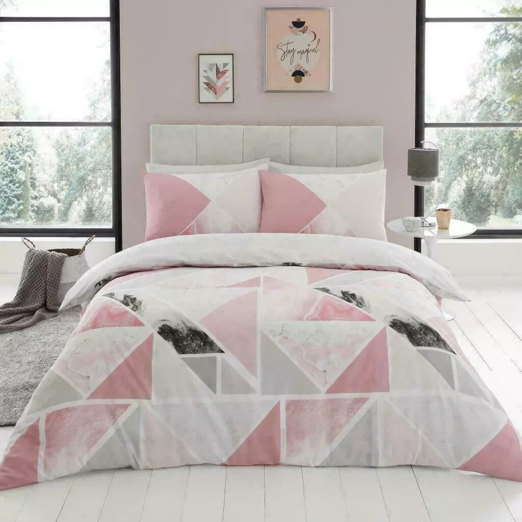Mila Triangles Marble Stripe Duvet Cover Set Printed Bedding Pink All Sizes in MILA PINK / Single – UK