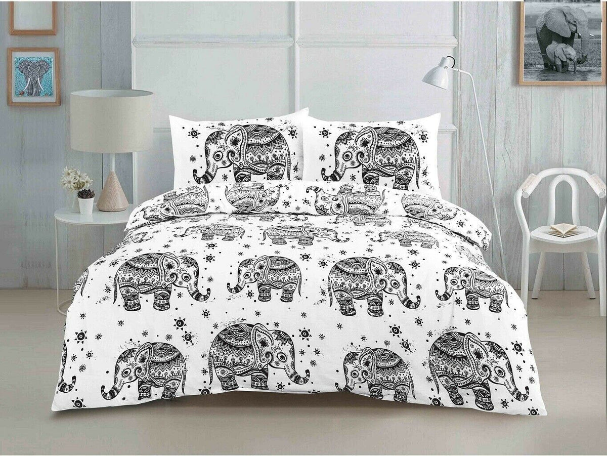 Luxury Elephant Print Duvet Cover & Pillowcase Set Black White Bedding – UK