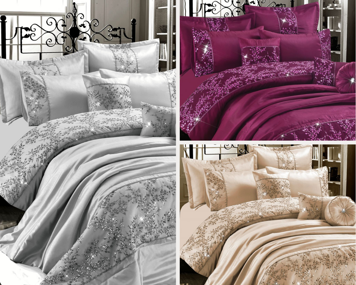 Gigi Embroidered Satin Silk Bedspread Luxury Diamante Duvet Quilt Bed Set – UK