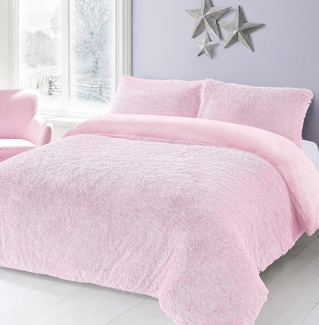 Hug & Snug Fleece Duvet Cover Set Fluffy Fur Warm Quilt Bedding All Sizes in Pink / Single – UK