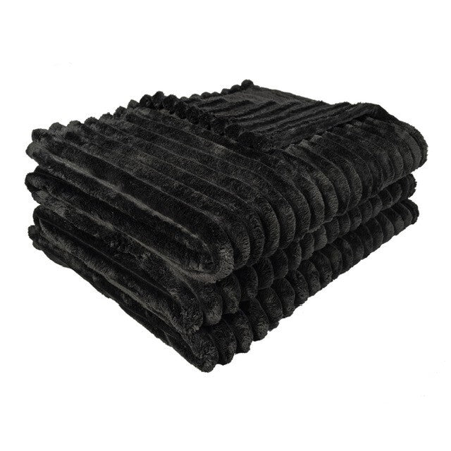 Ribbed Fleece Throw Blanket Large Sofa Bed Cord Faux Fur Corded Design in Black / Double – UK
