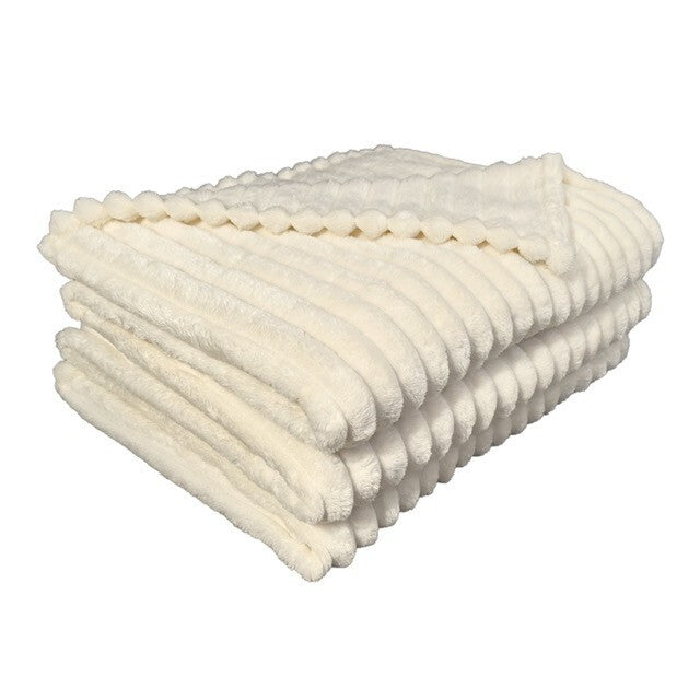 Ribbed Fleece Throw Blanket Large Sofa Bed Cord Faux Fur Corded Design in Cream-2 / Double – UK