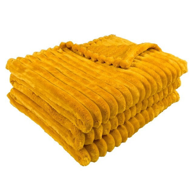 Ribbed Fleece Throw Blanket Large Sofa Bed Cord Faux Fur Corded Design in Yellow / Double – UK