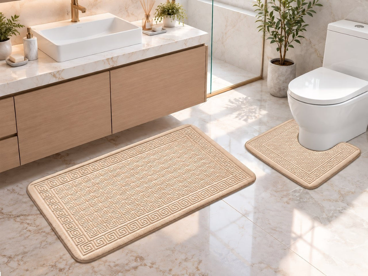 Greek key pedestal mat and bath mat laid flat side by side