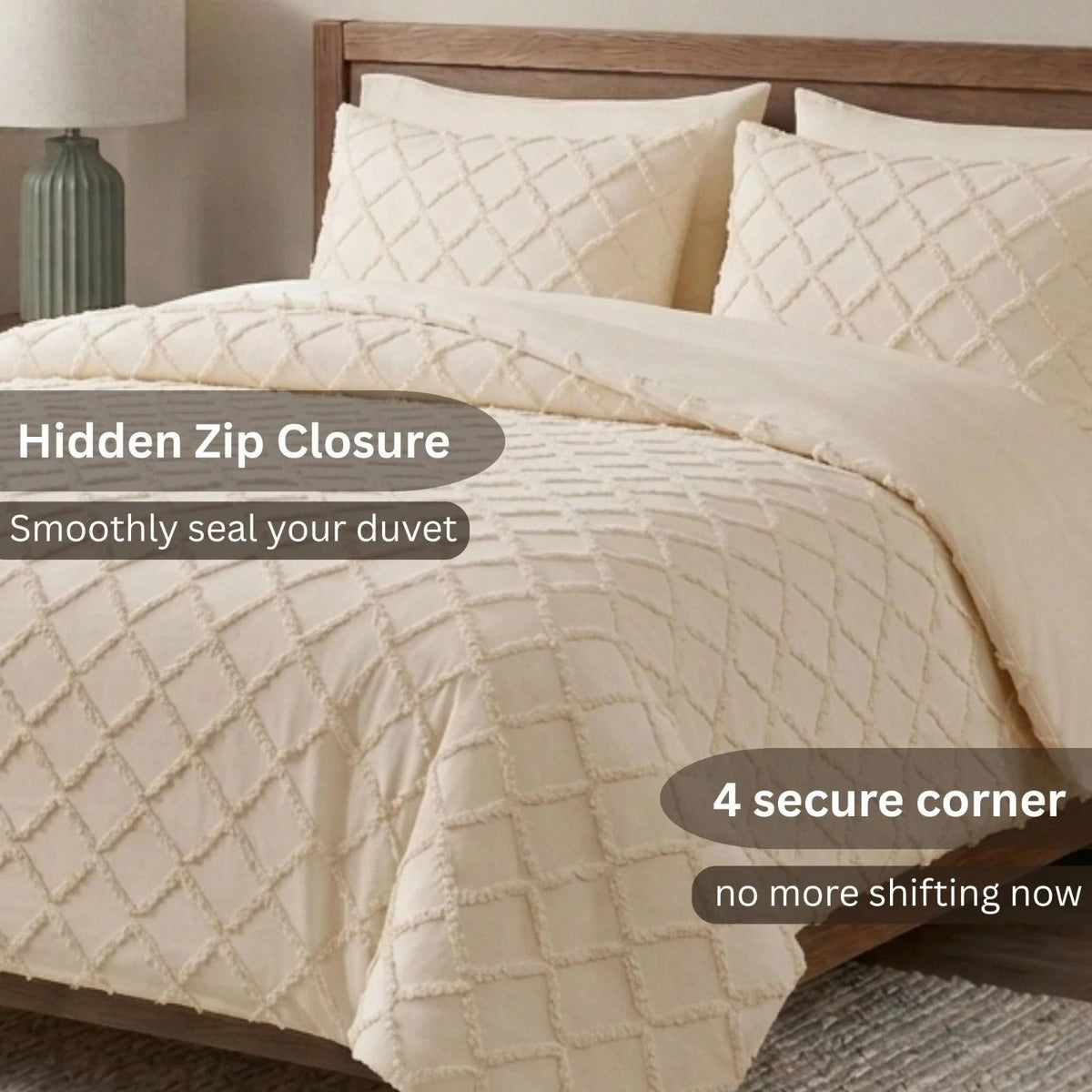 Lifestyle view of tufted quilt cover set creating a cosy boutique hotel look
