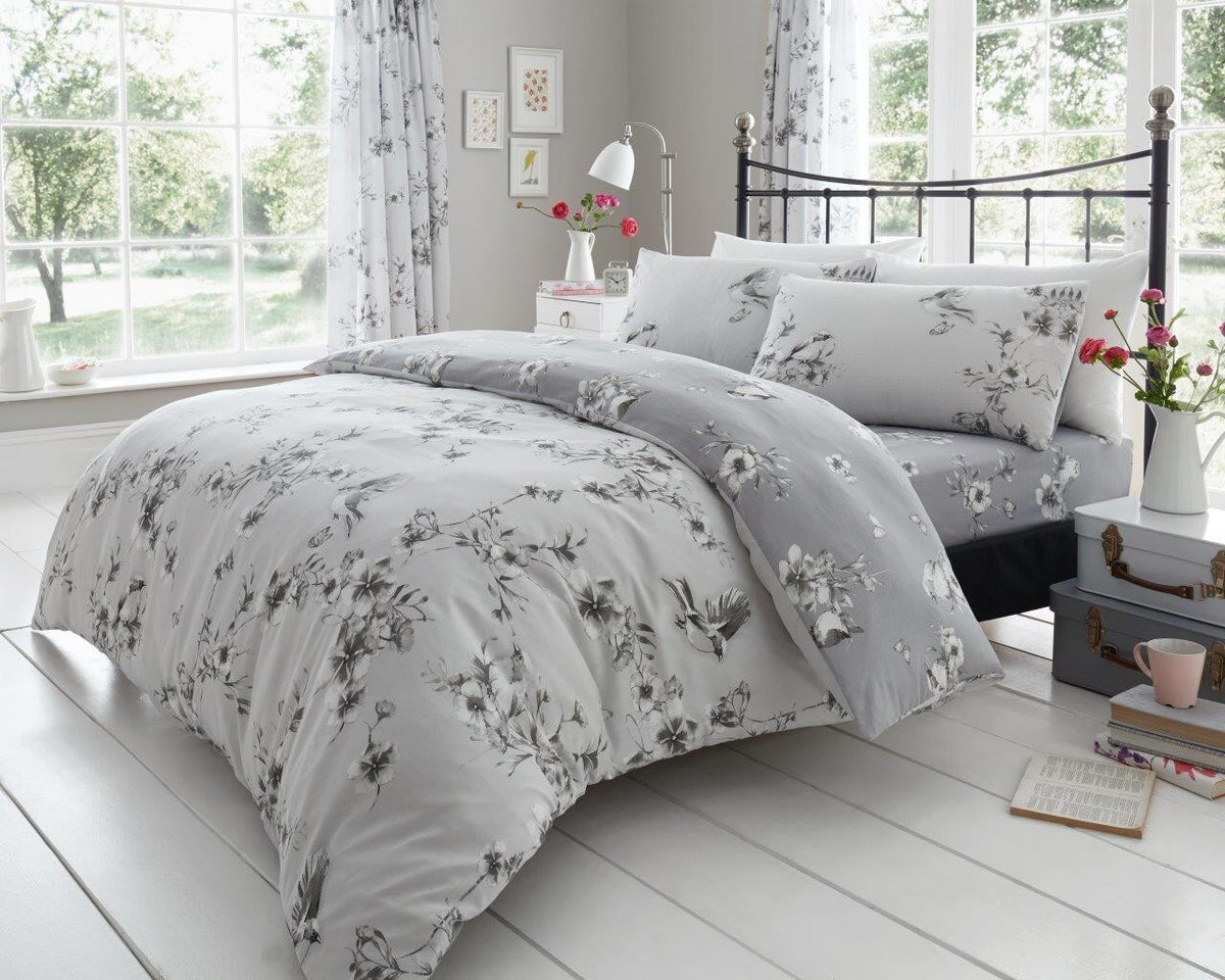 Birdie Blossom Floral Duvet Cover Set Easy Care Bedding All Year Round – UK