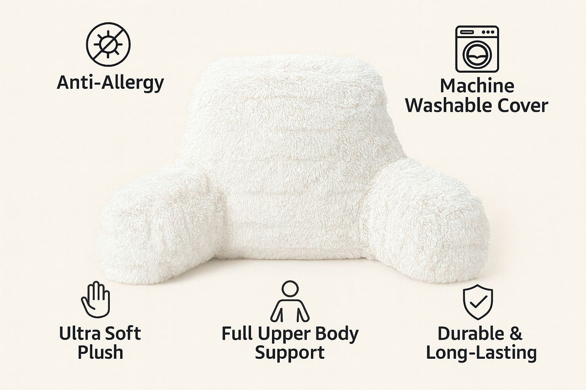 Reading Pillow With Arms Fleece Bed Rest Backrest Cushion Back Neck Support in White – UK