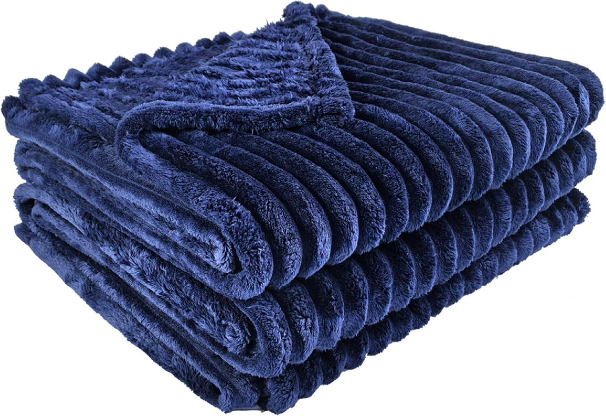 Ribbed Fleece Throw Blanket Large Sofa Bed Cord Faux Fur Corded Design in Navy / Double – UK