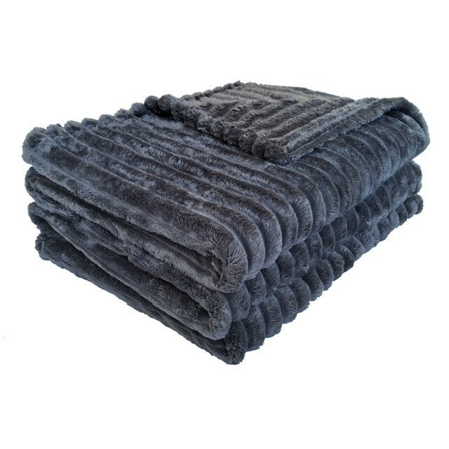 Ribbed Fleece Throw Blanket Large Sofa Bed Cord Faux Fur Corded Design in Charcoal / Double – UK