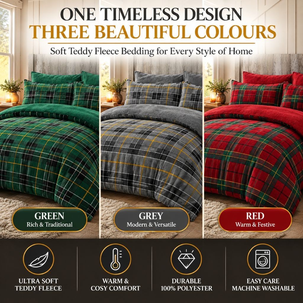 Nimora Home teddy tartan fleece duvet cover set on a made bed