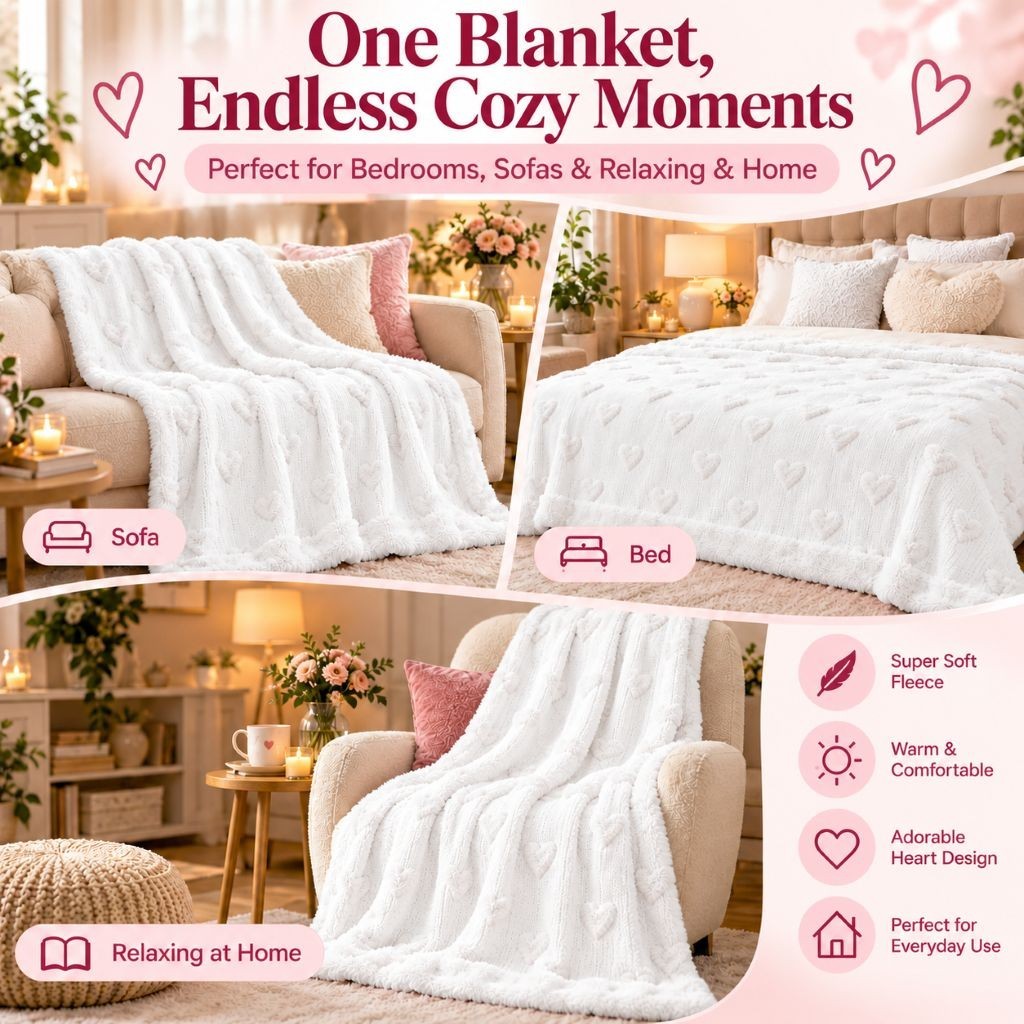 Embossed heart fleece pillowcase close-up in soft blush pink