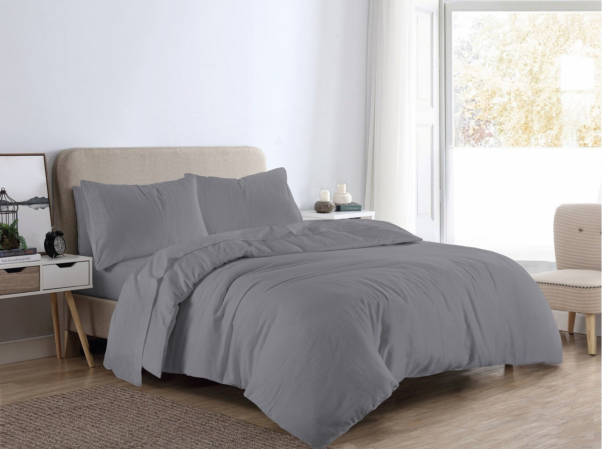 Flannelette Duvet Cover Set Warm Brushed Cotton Quilt Bedding All Sizes in Plain Grey / Single – UK