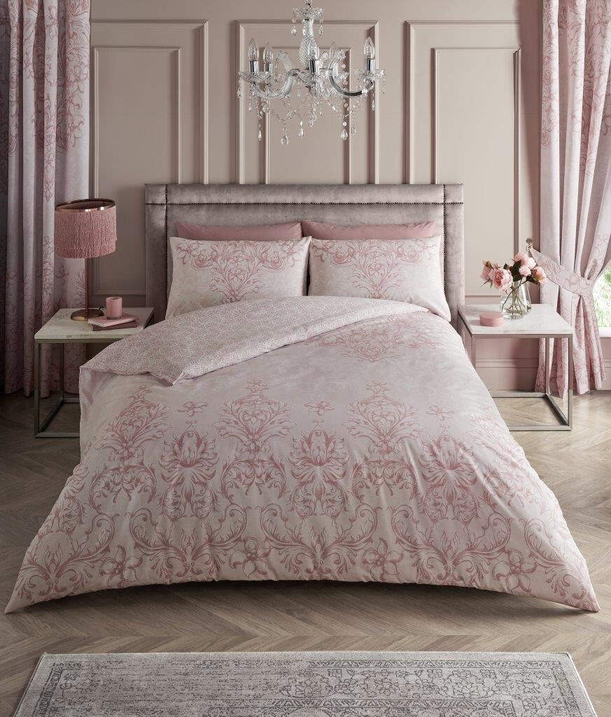 Antoinette Damask Floral Duvet Cover Set Printed Summer Quilt Bedding in Single / Pink – UK