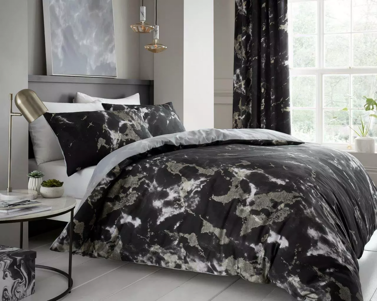 Marble Effect Duvet Cover & Pillowcase Set Black Cream White Modern Bedding – Free UK Delivery