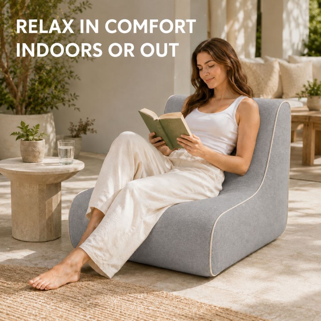 Inflatable sofa chair being used as portable seating on a camping trip