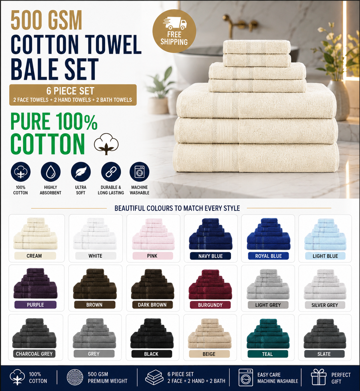 6 Piece 500GSM Cotton Towel Set – Face, Hand & Bath Towels – 13 Colours Available