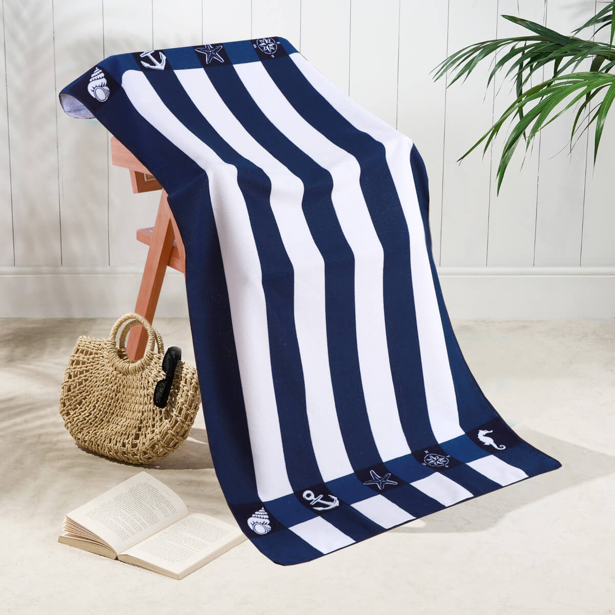 Classic Cabana Navy Stripe Microfibre Beach Towel 70x150cm quick-dry sand-free with nautical anchor shell starfish icons