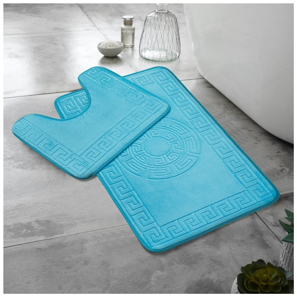 GREEK BATH MAT SET 2 PIECE EMBOSSED MEMORY FOAM NON SLIP PEDESTAL TOILET RUGS