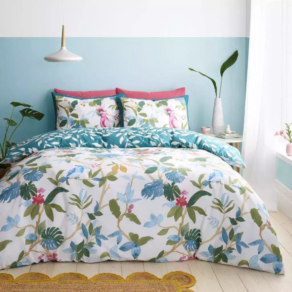 IDA BIRDIE GREEN Floral Floral Duvet Quilt Cover & Pillow Case Bedding Set