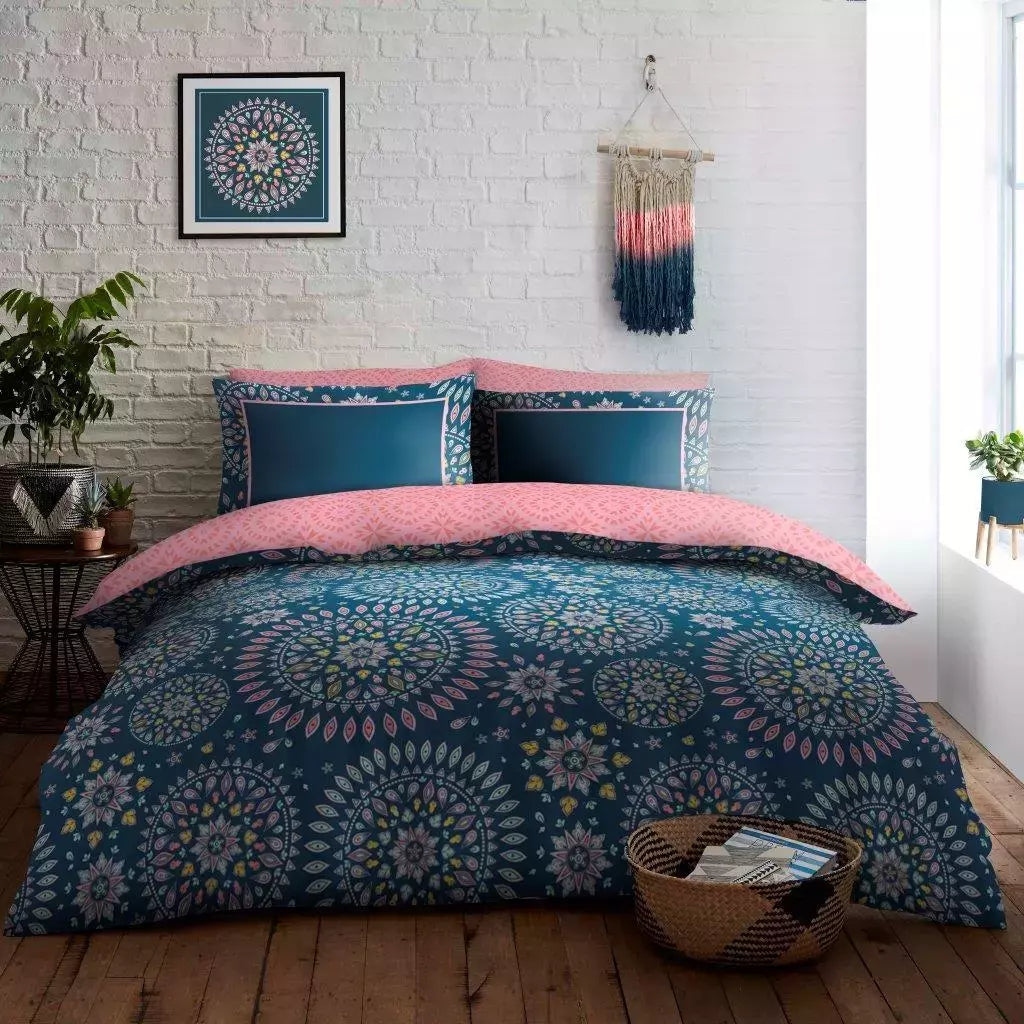 Imey Mandala Reversible Duvet Quilt Cover Pillow Case Bedding Bed Set Blue Pink