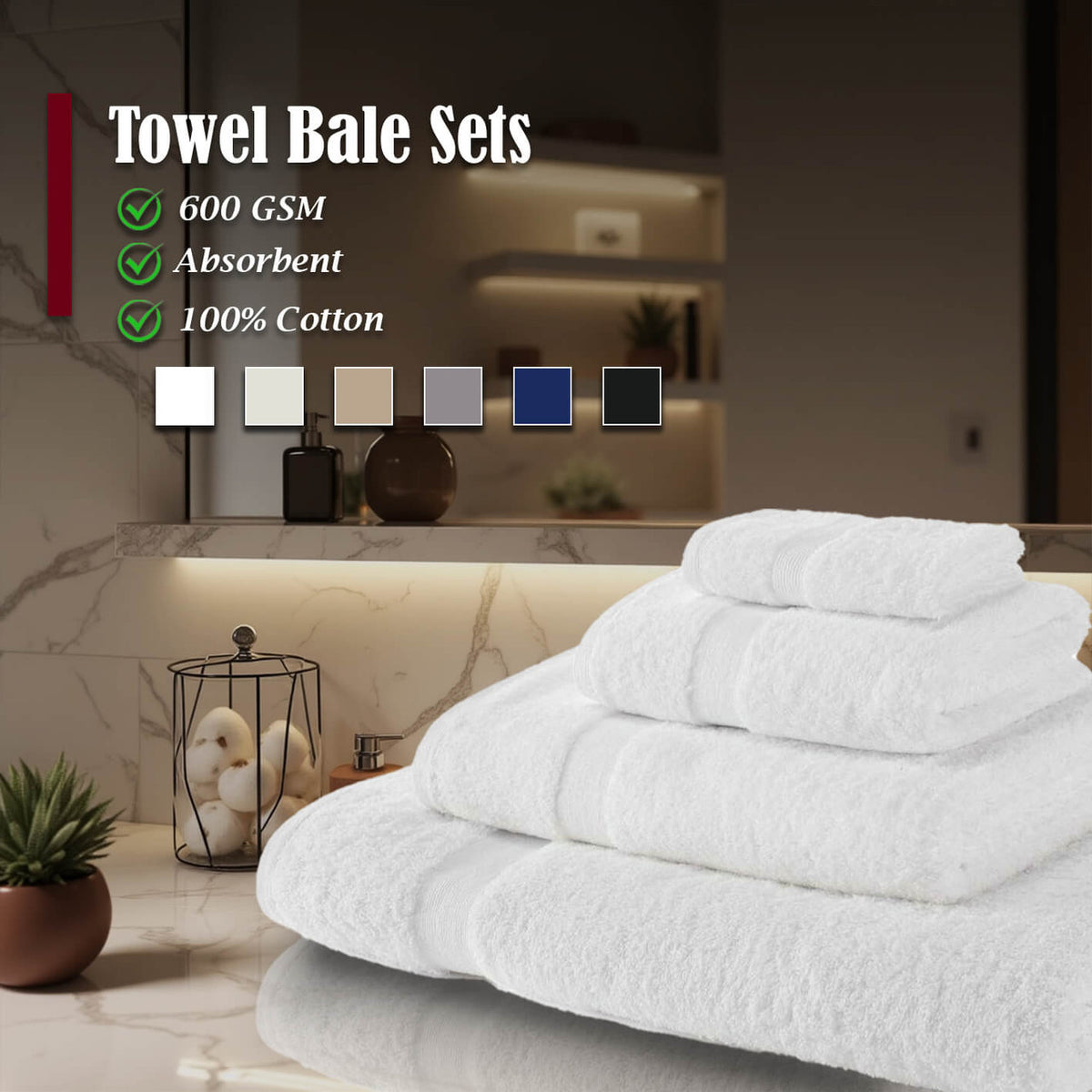 600GSM cotton towel bale features chart — ring spun cotton, 600 GSM, machine washable, colour fast