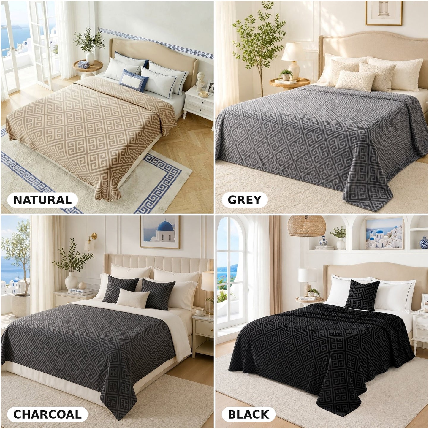 Luxury Greek Key Fleece Throw Blanket – Reversible Warm Cosy Sofa Bed Throw Blanket