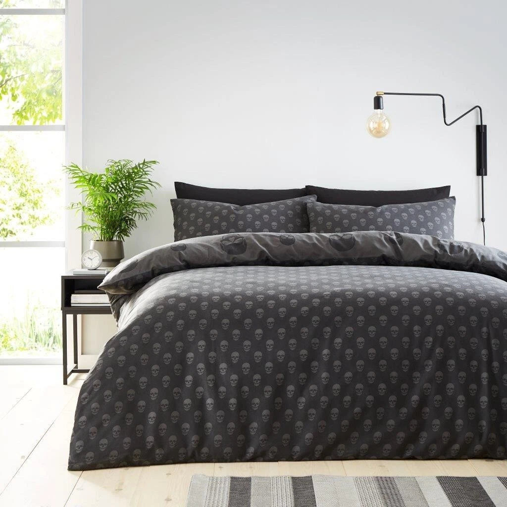 REVERSIBLE BLACK SKULL DUVET Quilt Cover Bedding with Pillowcase Set Double King Size