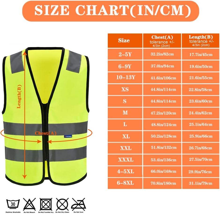Zipped High Visibility Hi Viz Vest Waistcoat high vis Safety hi vis vest For Men's and Women's Lightweight and Comfortable Safety Vests, Standard Size Reflective Safety Vest(XXS-XXL)