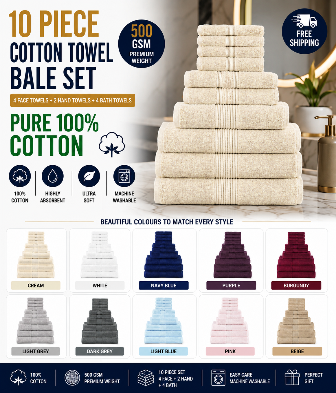 10 Piece 500GSM Towel Bale Set - 4 Face Cloths, 2 Hand Towels, 2 Bath Towels, 2 Bath Sheets | 13 Colours