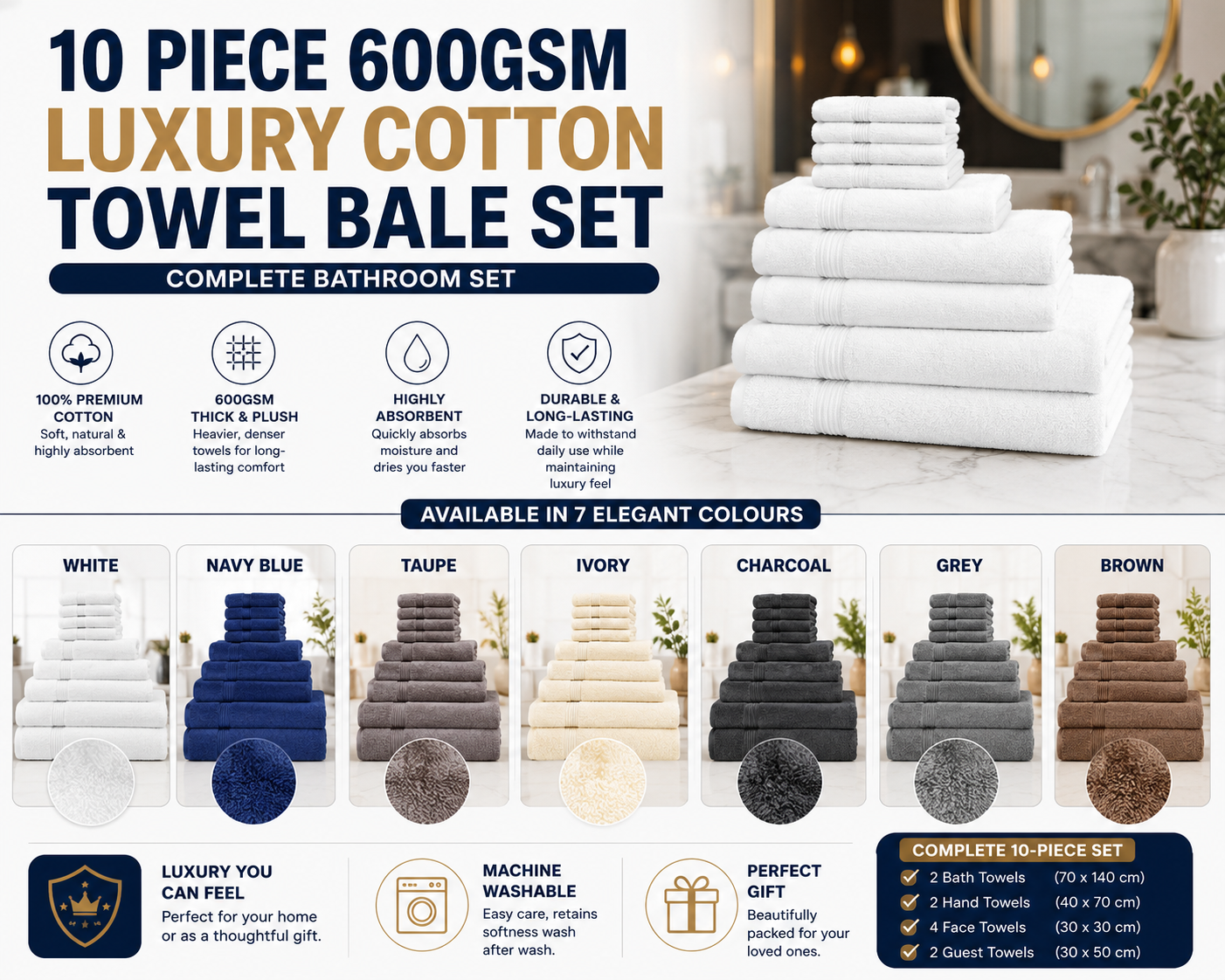 10 Piece 600GSM Luxury Cotton Towel Bale Set | Complete Bathroom Set