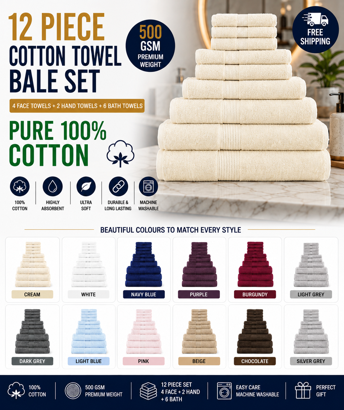 12 Piece 500GSM Towel Bale Set - 4 Face Cloths, 4 Hand Towels, 2 Bath Towels, 2 Bath Sheets