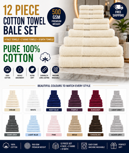 12 Piece 500GSM Towel Bale Set - 4 Face Cloths, 4 Hand Towels, 2 Bath Towels, 2 Bath Sheets
