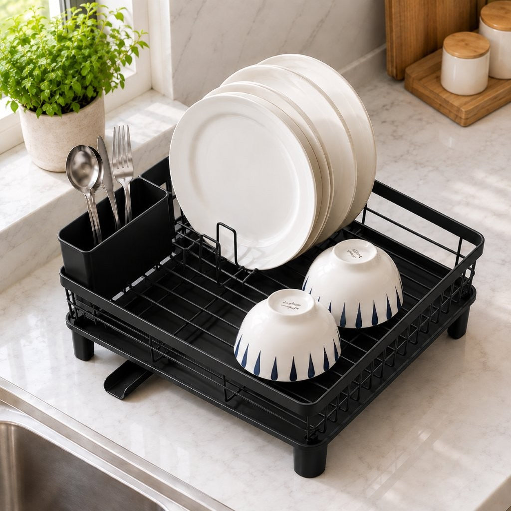 A black plastic and metal dish rack with legs, shown on a kitchen counter with white plates and bowls, a black cup holding utensils, and a potted plant in the background.