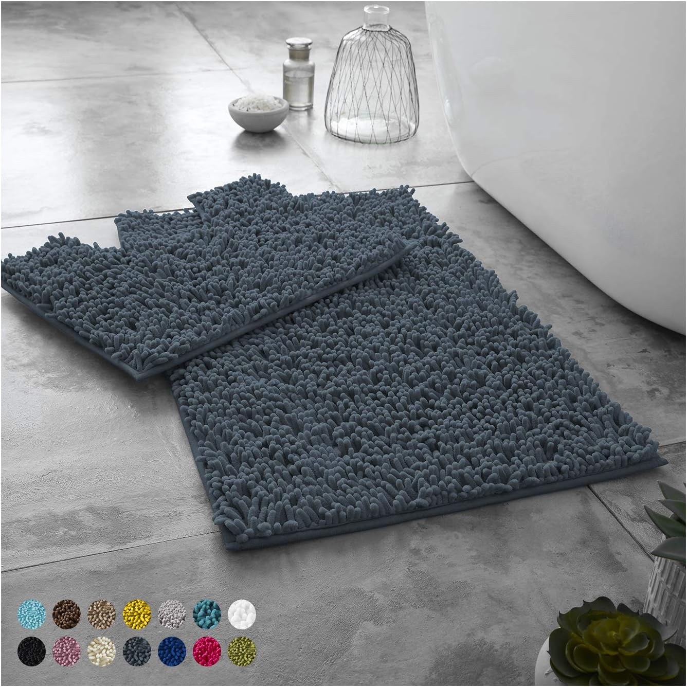 2 Piece Loop Bath Mats for Bathroom - Non Slip Chenille Bath Mat Set Rugs, Extra Soft with Water Absorbent Pedestal Bathmat Shower Toilet Mat