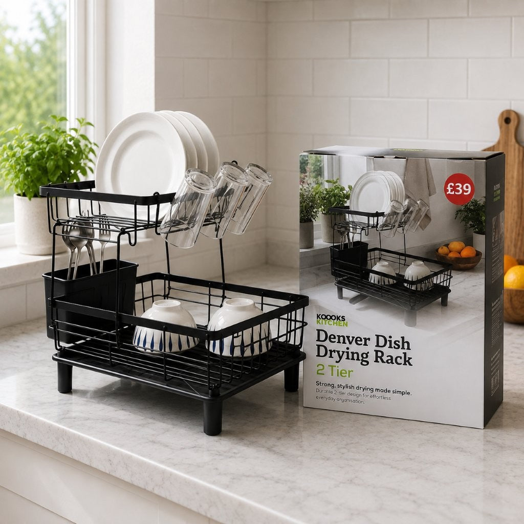 2-Tier Dish Drainer Rack with Drip Tray & 360° Swivel Spout – Black