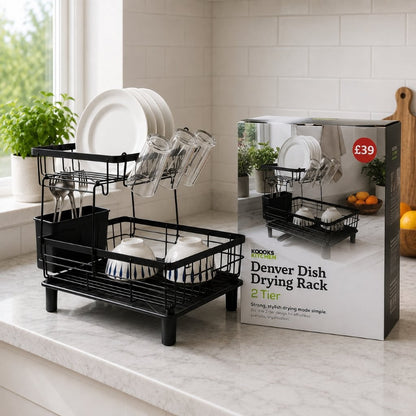 2-Tier Dish Drainer Rack with Drip Tray & 360° Swivel Spout – Black