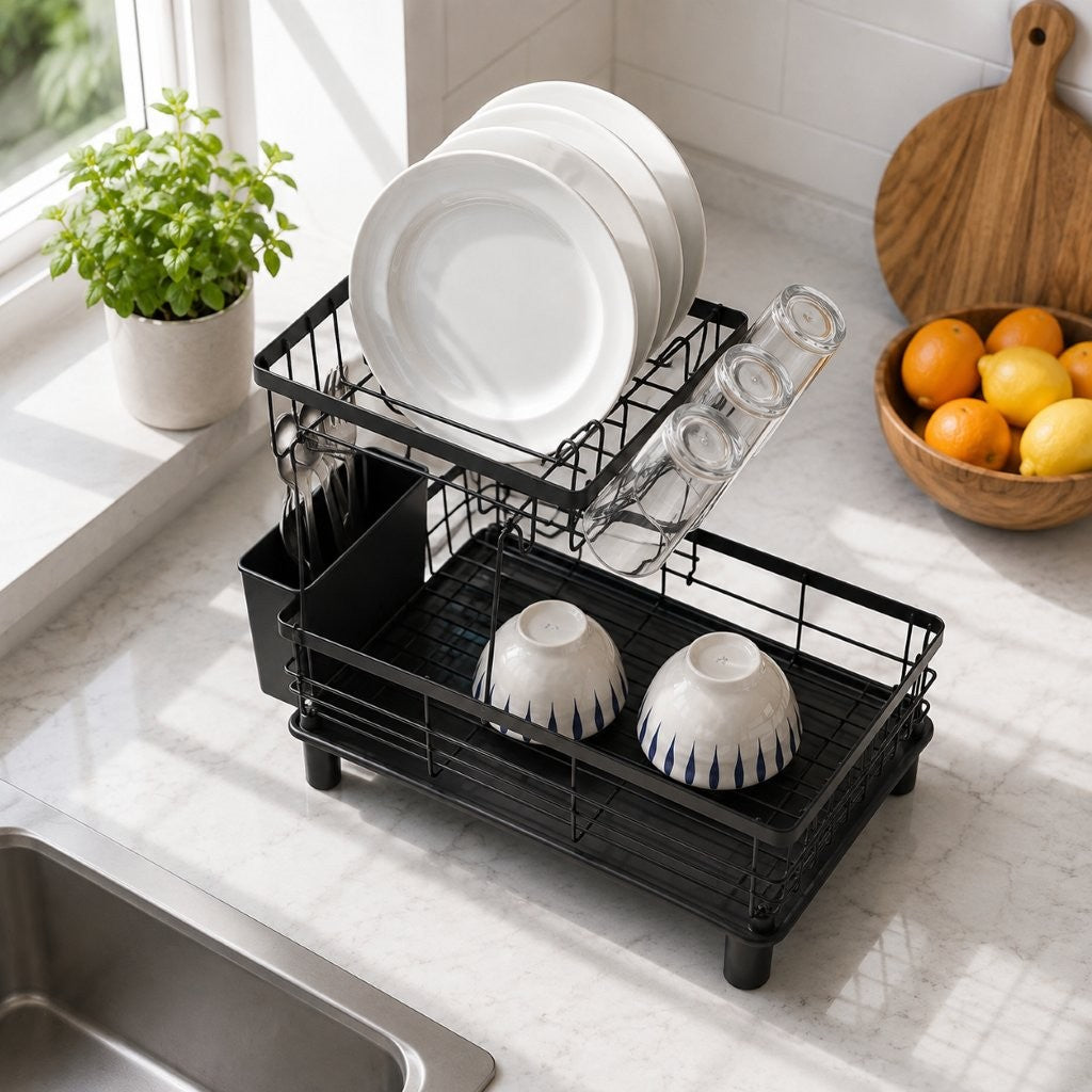 2-Tier Dish Drainer Rack with Drip Tray & 360° Swivel Spout – Black