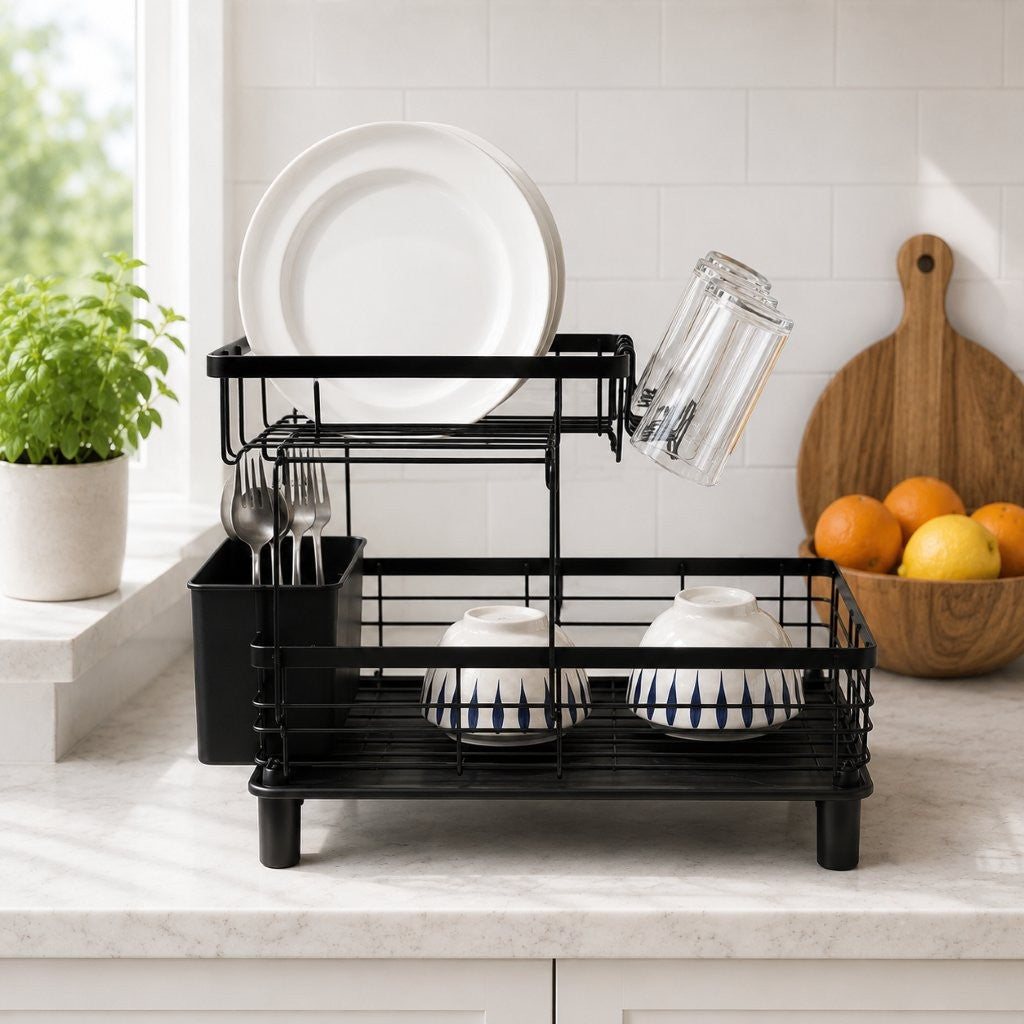 2-Tier Dish Drainer Rack with Drip Tray & 360° Swivel Spout – Black