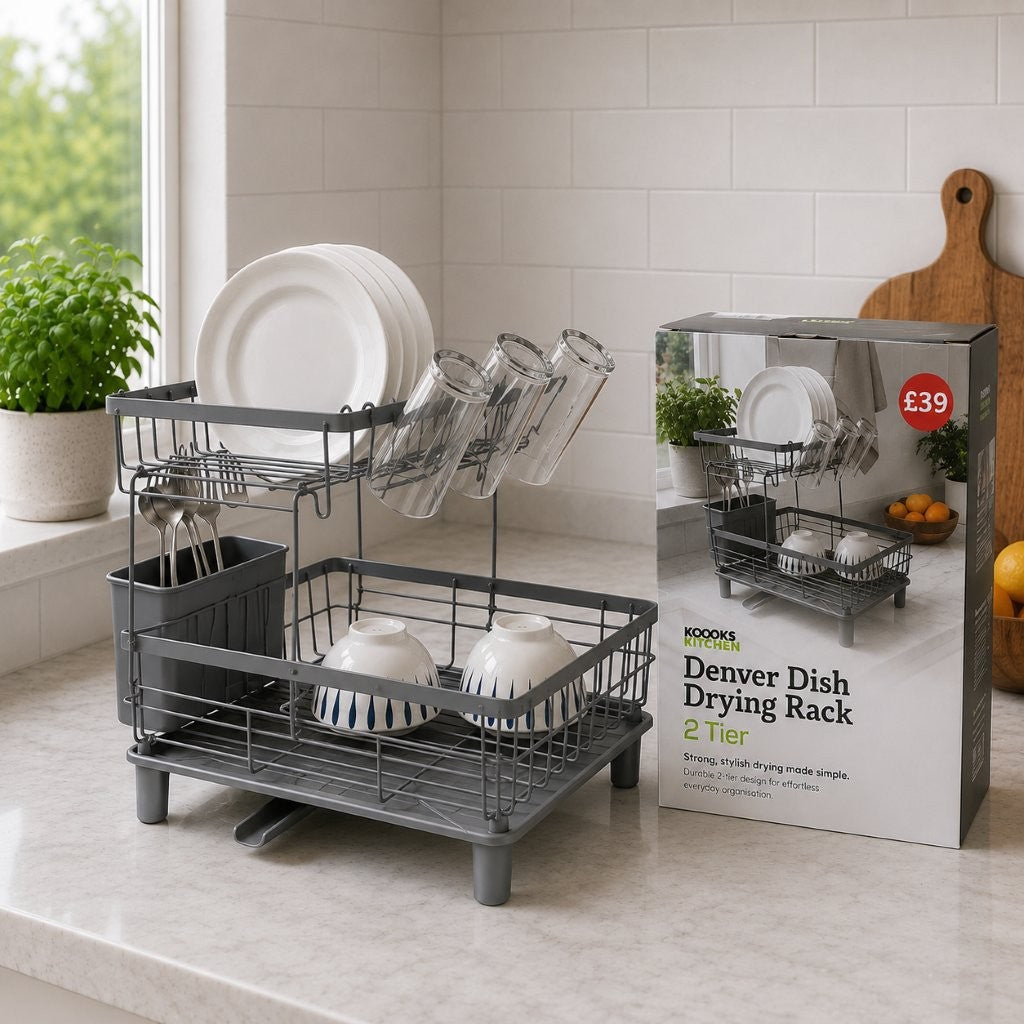 2-Tier Dish Drainer Rack with Drip Tray & 360° Swivel Spout – Black